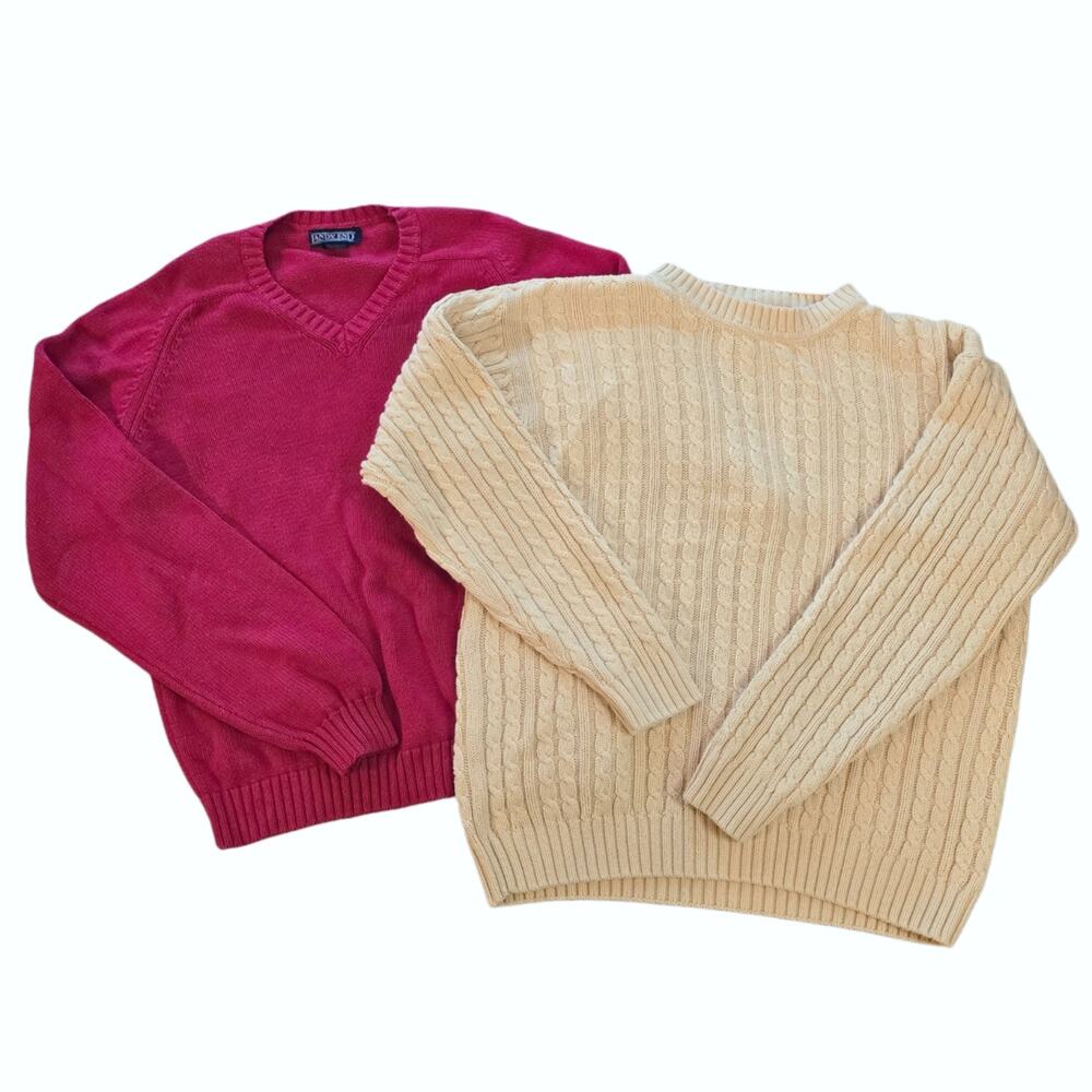 2 Lands End Sweaters Womens Size S Red VNeck Yellow Cable Knit Cotton Vtg 90s